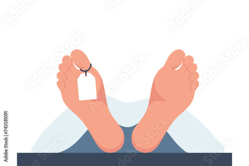 Corpse in the morgue. Dead man in the morgue. Legs of a dead man with a white tag. The human body is covered with a white sheet. Vector illustration.