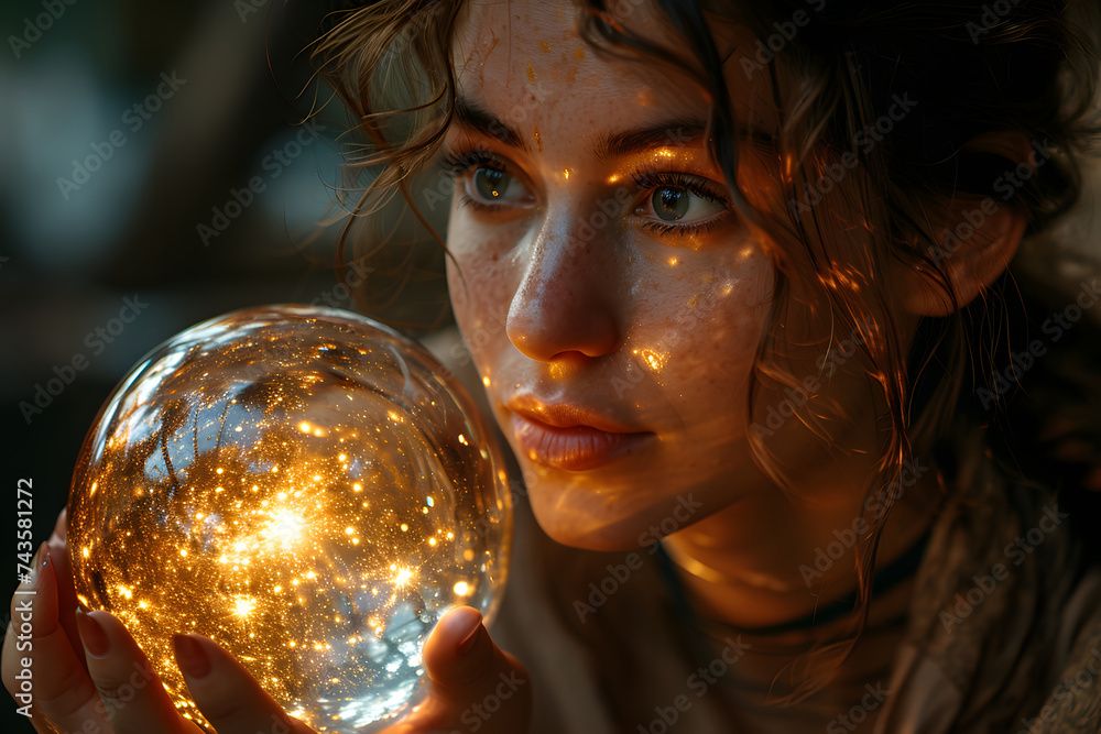 Naklejka premium Psychic Woman Holding a Crystal Ball. Portrait of Fortune Teller