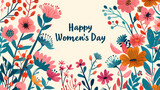 Hand-drawn floral elements border frame for the Women's Day promotional presentation. Colorful red and pink floral graphics on a pastel beige background with a word 