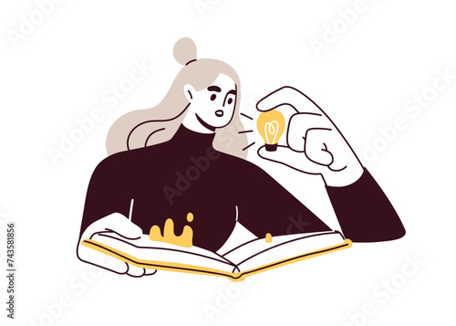 Woman reading book with insights, knowledge. Student reader learning, studying. Thoughts and answers from literature. Education, idea concept. Flat vector illustration isolated on white background