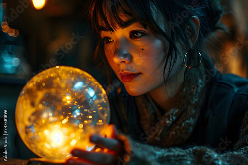 Young and Beautiful Psychic Woman Holding a Crystal Ball. Portrait of Fortune Teller