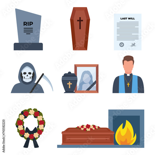 Funeral icons. Funeral accessories. Funeral wreath, coffin, tombstone, urn with ashes, death, priest, corpse, hearse, flowers, will. Ritual services, funeral agency concept. Vector illustration.