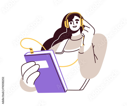 Student listening audio book, reading. Woman reader in headphones with audiobook, fiction literature. Knowledge, study, education concept. Flat vector illustration isolated on white background
