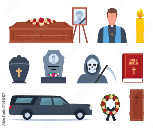 Funeral icons. Funeral accessories. Funeral wreath, coffin, tombstone, urn with ashes, death, priest, corpse, hearse, flowers, will. Ritual services, funeral agency concept. Vector illustration.