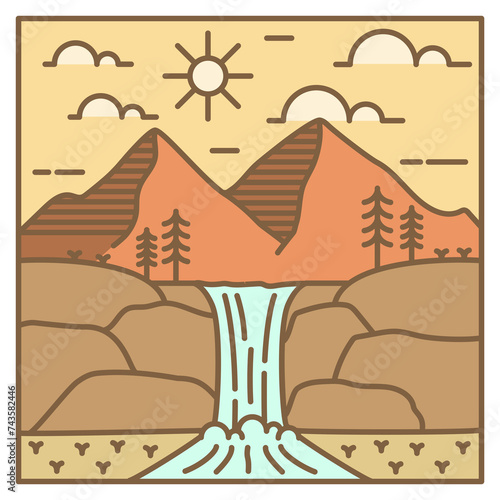 illustration of mountain and waterfall monoline or line art style