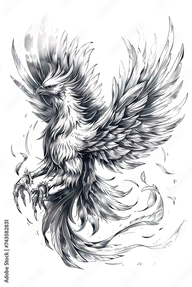 Phoenix illustration, drawing, engraving, ink, line art, vector. Sketch of a tattoo in the form of a Firebird. T-shirt apparel print design. Phoenix illustration, drawing, engraving, ink, line art, vector. Sketch of a tattoo in the form of a Firebird. T-shirt apparel print design.