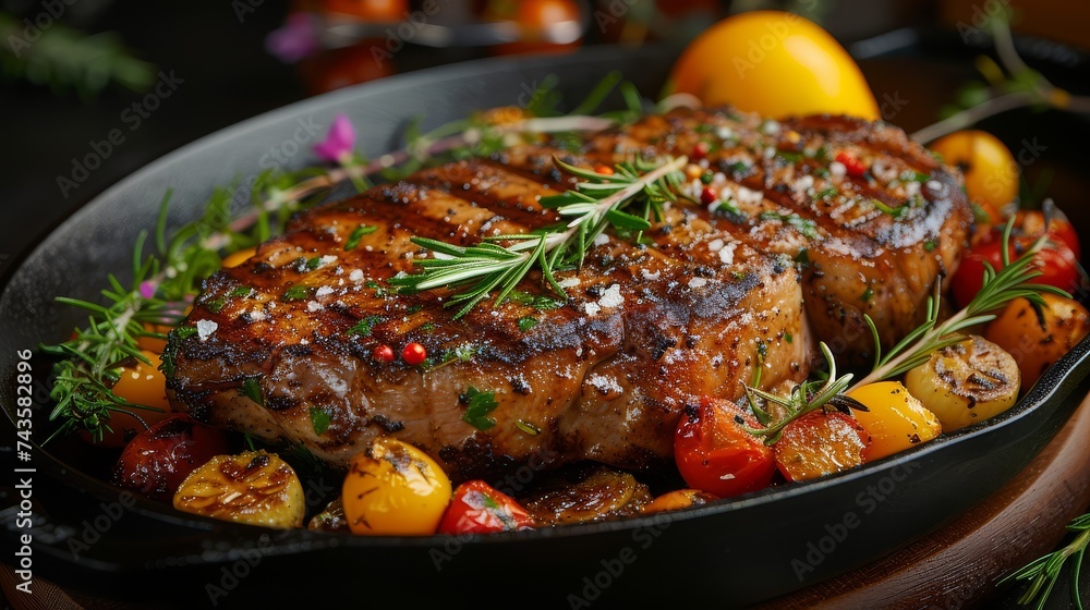 Juicy grilled steak served with roasted tomatoes and herbs on a skillet.