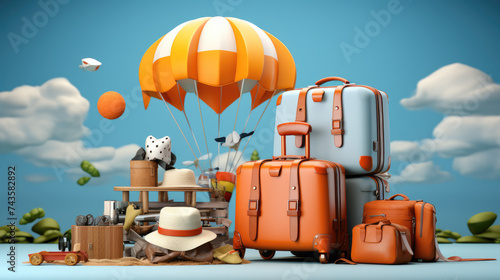 Time to travel vector design. Time to travel text in empty space with traveling elements like luggage, bags, passport, camera and compass