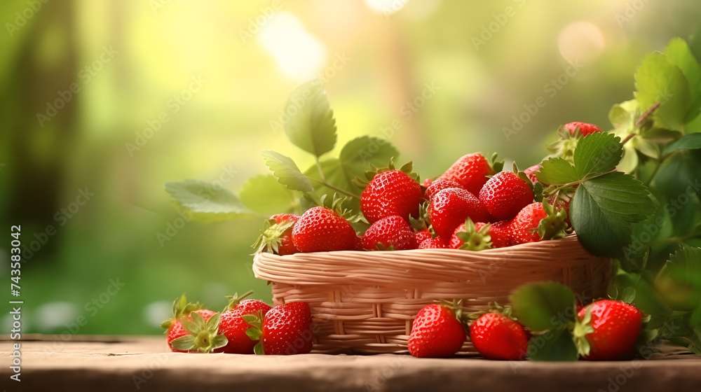 A rustic basket filled with fresh strawberries, surrounded by strawberry plants, set against a sunlit backdrop,Strawberry in wicker plate on wooden background A rustic basket filled with fresh strawberries, surrounded by strawberry plants, set against a sunlit backdrop,Strawberry in wicker plate on wooden background