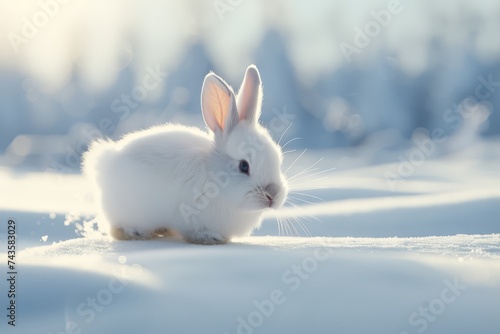 White rabbit in fresh snow with soft winter sunlight