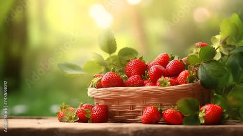 A rustic basket filled with fresh strawberries, surrounded by strawberry plants, set against a sunlit backdrop,Strawberry in wicker plate on wooden background