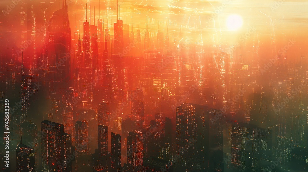  city skyscrapers with sun flare