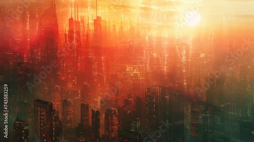  city skyscrapers with sun flare © INK ART BACKGROUND