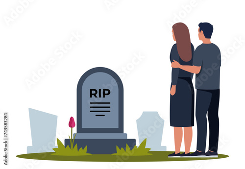 Sad man and woman dressed in mourning clothes standing near grave with tombstone. Grieving people or relatives on graveyard or cemetery. Vector illustration.