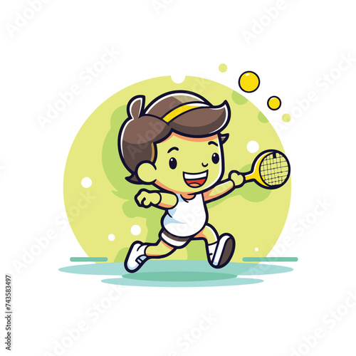 Boy playing badminton vector illustration. Cartoon cute boy playing tennis