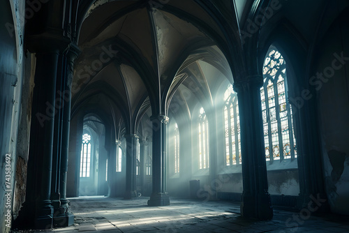 Dark gothic abandoned ancient chapel hall interior with tall windows and columns, foggy and empty.