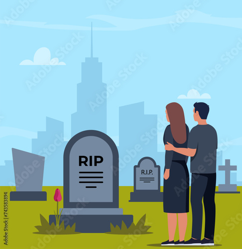 Sad man and woman dressed in mourning clothes standing near grave with tombstone. Grieving people or relatives on graveyard or cemetery. Vector illustration.