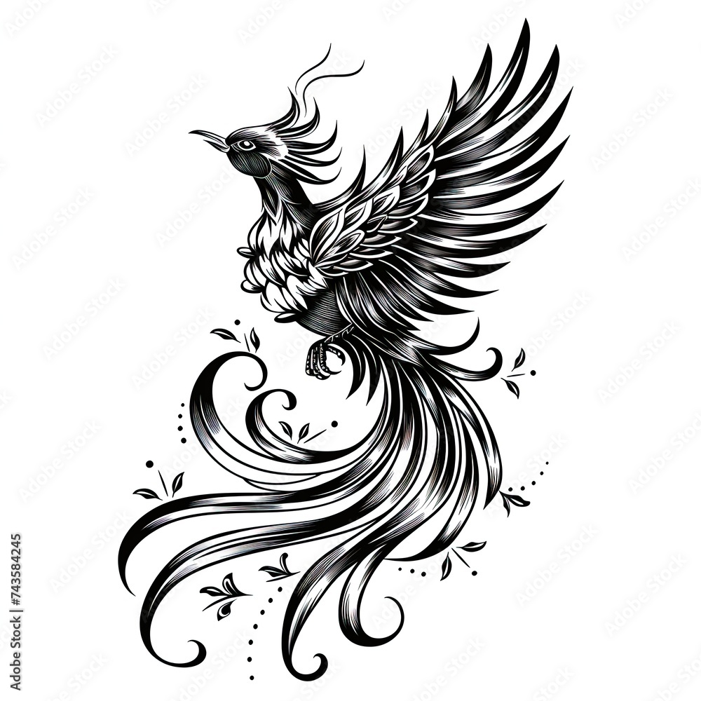Fototapeta premium Phoenix illustration, drawing, engraving, ink, line art, vector. Sketch of a tattoo in the form of a Firebird. T-shirt apparel print design.