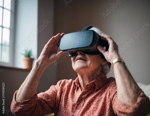 Senior woman wearing virtual reality goggles