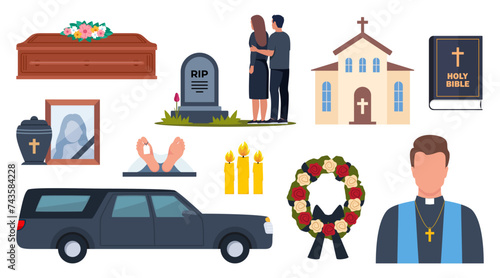 Funeral icons. Funeral accessories. Funeral wreath, coffin, tombstone, urn with ashes, death, priest, corpse, hearse, flowers, will. Ritual services, funeral agency concept. Vector illustration.