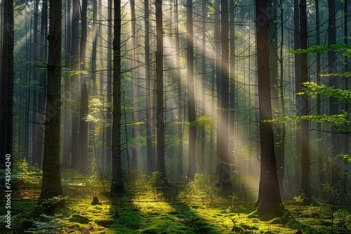 Sunbeams piercing through tall trees in a lush, green forest.