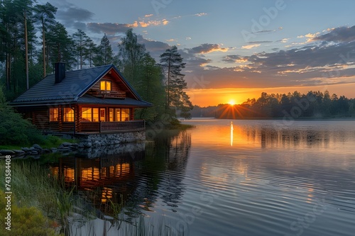 Nature's Harmony Surrounding Rustic Waterfront Homes, Reflections of Country Living by the Lake, Charming Houses Amidst Lakes and Lush Landscapes, Lakeside Living Amidst Nature's Splendor, Architectur