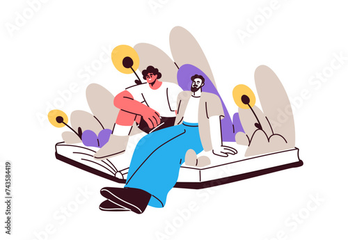 Reading fiction book, dreaming. Fantasy, imagination, creativity, inspiration concept. Creative fancy literature. Inspired reader, author. Flat graphic vector illustration isolated on white background