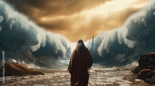 Biblical miracle: back view of moses dividing the sea with his stick, giant walls made of water waving, depicting a powerful christian symbol of divine intervention and faith from the old testament. photo