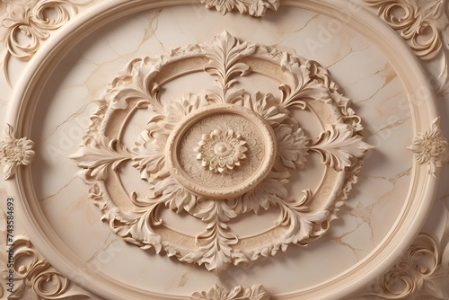 background, model of ceiling decoration with 3d wallpaper. decorative frame on shades of beige marble luxurious background and mandala  © Эля Эля