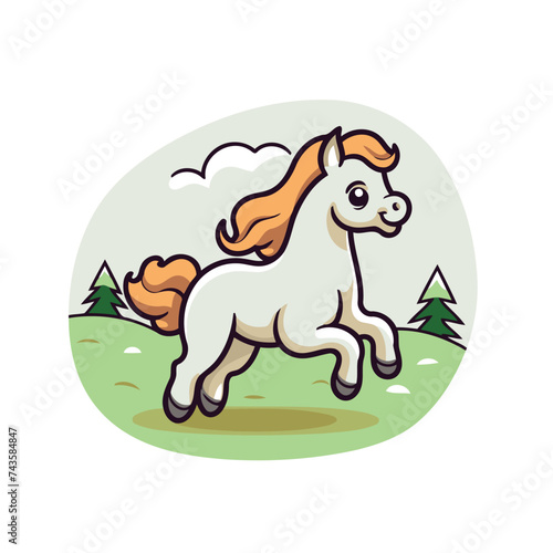Cute cartoon pony running in the meadow. Vector illustration.