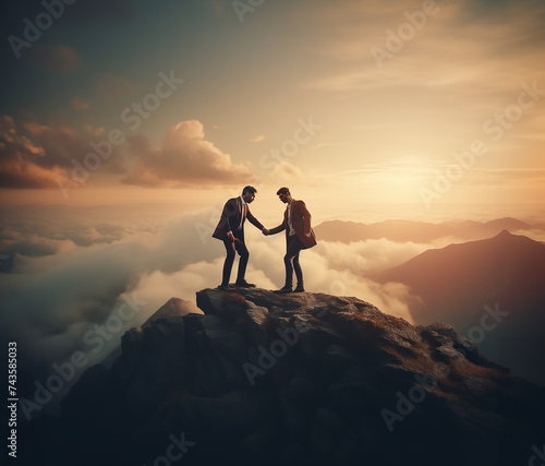 Two businessmen shaking hands or helping each other on the top of a peak of a mountain. Cloudy sky in the sunset behind them in the background.