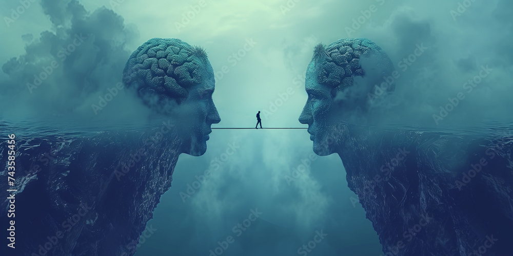 Psychology and mental health stability, state of mind, emotional intelligence, man balance on a thin rope, decision and opportunity, think different, divided personality - obrazy, fototapety, plakaty 