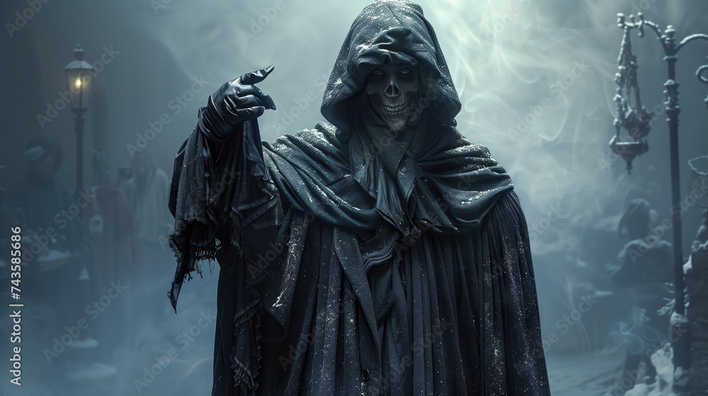 Ghost of Christmas yet to come from dickens Christmas carol, angel of death or the grim reaper apparition in a foggy atmosphere with copy space Ghost of Christmas yet to come from dickens Christmas carol, angel of death or the grim reaper apparition in a foggy atmosphere with copy space