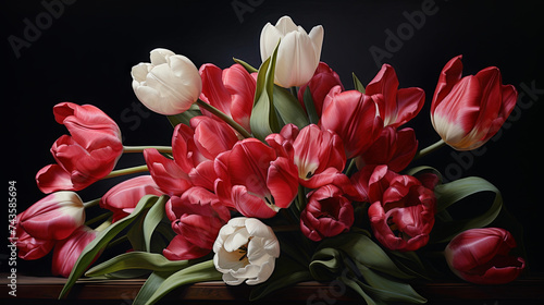 Beautiful delicate tulips on a black background, illustration