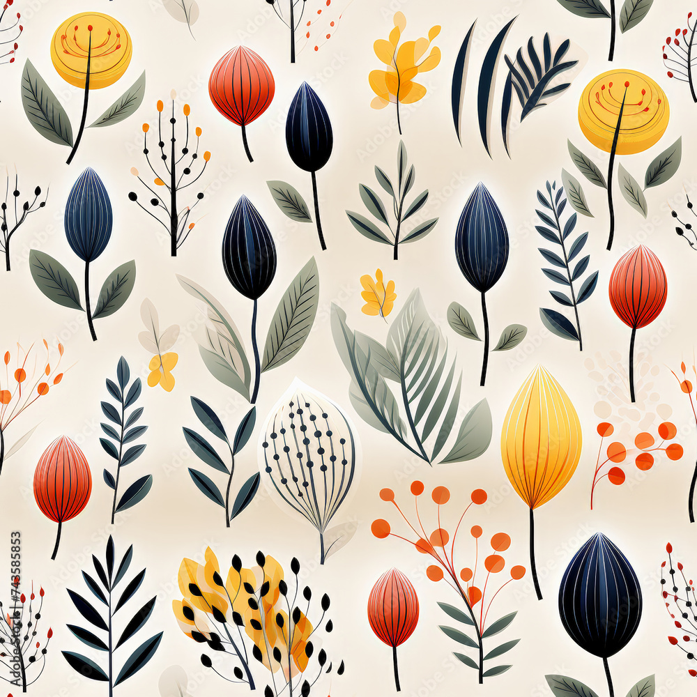 Obraz premium Abstract seamless pattern with vibrant textures, creative wallpaper.Botanical art poster, line drawing with abstract floral shape . Abstract Plant Art Design. 