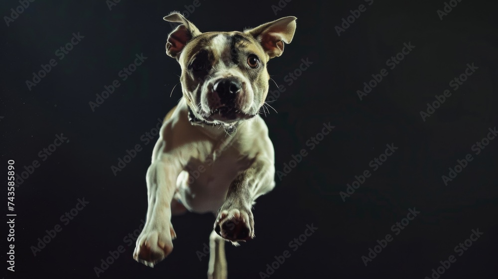 Dog jump on a black background. Flying animal.