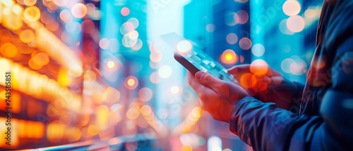 A man holding a mobile phone in his hands, close up image of a person looking at his smart phone. Colorful blurred futuristic bright background, bokeh effect of city lights. Copyspace for your text. © bagotaj