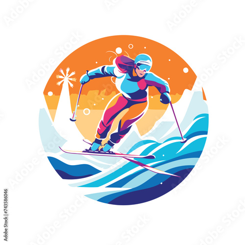 Female skier on a background of the sea. Vector illustration.