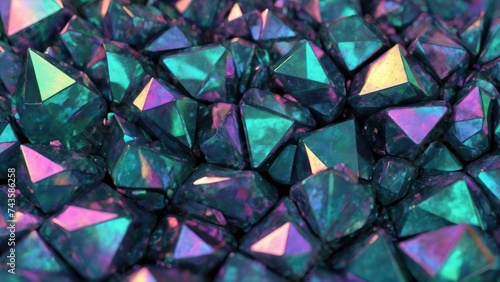 An abstract 3D render of a faceted opal-like background with iridescent colors. © Oleks Stock
