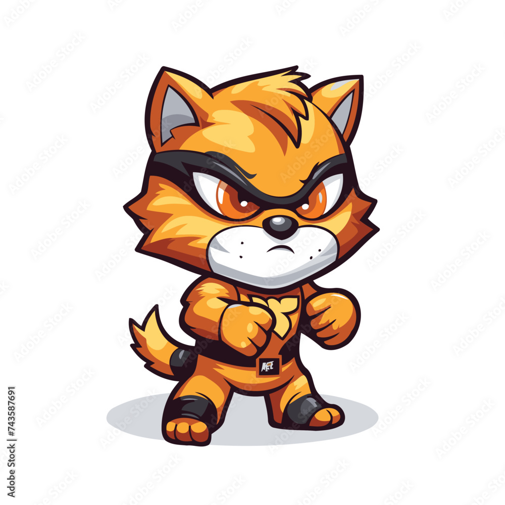 Cute cartoon fox in costume of super hero. Vector illustration.