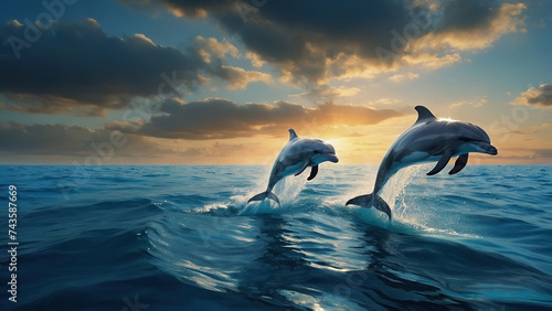 beautiful dolphin leaping jumping from shining sunset sea water surface