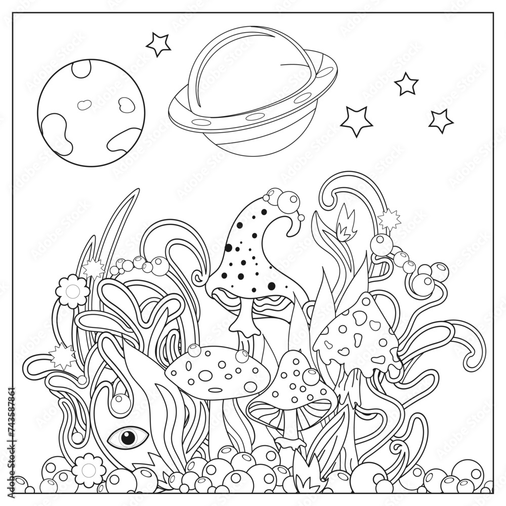 Fairytale forest with magic mushrooms and psychedelic plants under the starry sky. Picture for coloring. Vector illustration Fairytale forest with magic mushrooms and psychedelic plants under the starry sky. Picture for coloring. Vector illustration