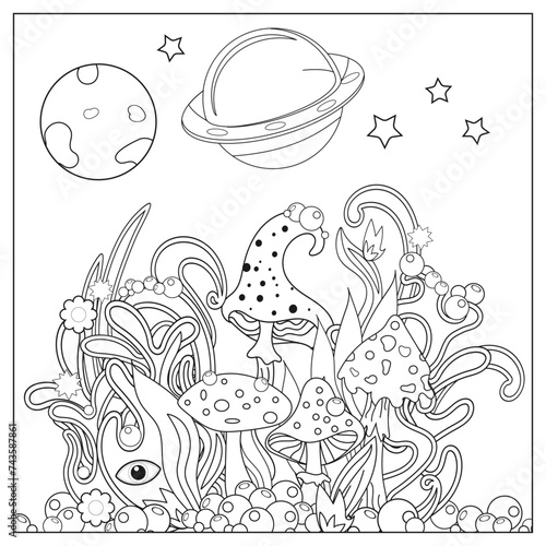Fairytale forest with magic mushrooms and psychedelic plants under the starry sky. Picture for coloring. Vector illustration