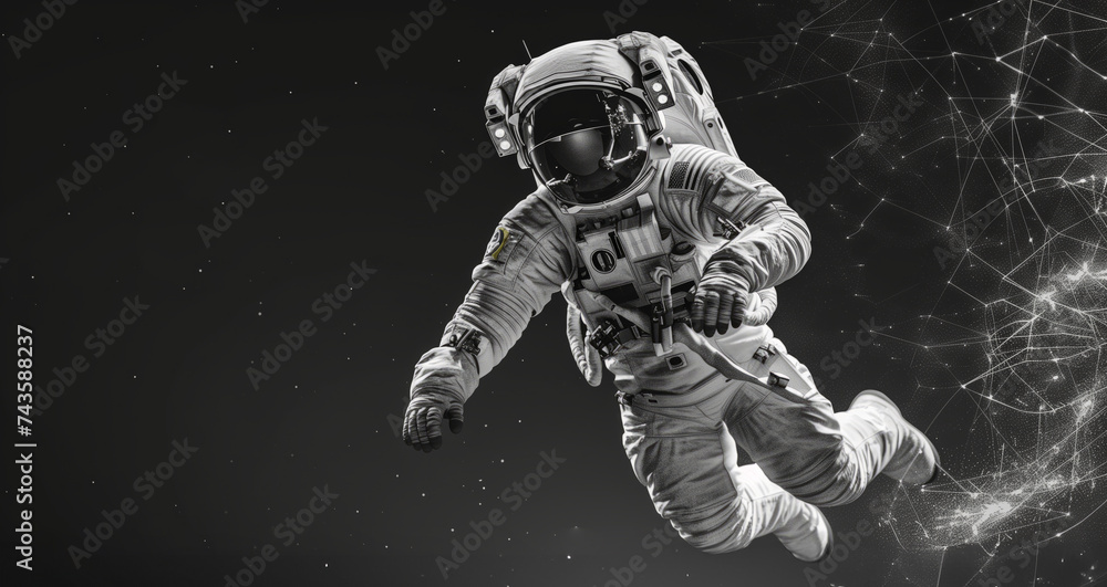 cosmonaut astronaut black and white exploration in deep universe space, copy space background