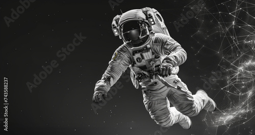 cosmonaut astronaut black and white exploration in deep universe space, copy space background