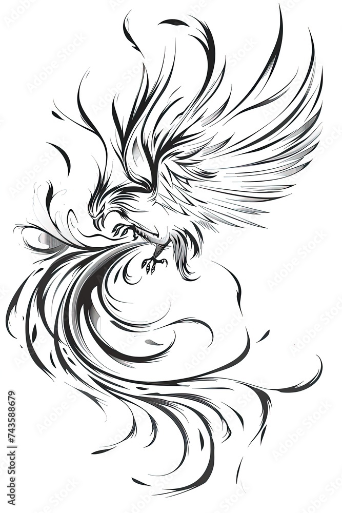 Obraz premium Phoenix illustration, drawing, engraving, ink, line art, vector. Sketch of a tattoo in the form of a Firebird. T-shirt apparel print design.