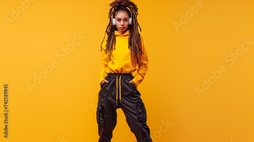 urban girl with headphones and fashionable sportswear