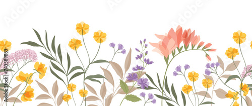 Spring floral art background vector illustration. Watercolor hand painted botanical flower, leaves, insect, butterflies. Design for wallpaper, poster, banner, card, print, web and packaging. photo
