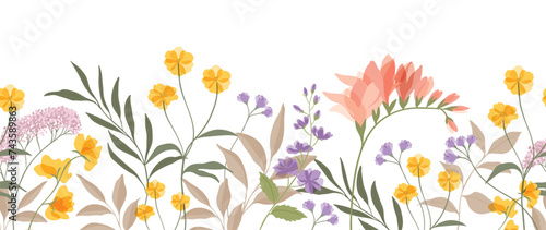 Spring floral art background vector illustration. Watercolor hand painted botanical flower, leaves, insect, butterflies. Design for wallpaper, poster, banner, card, print, web and packaging.