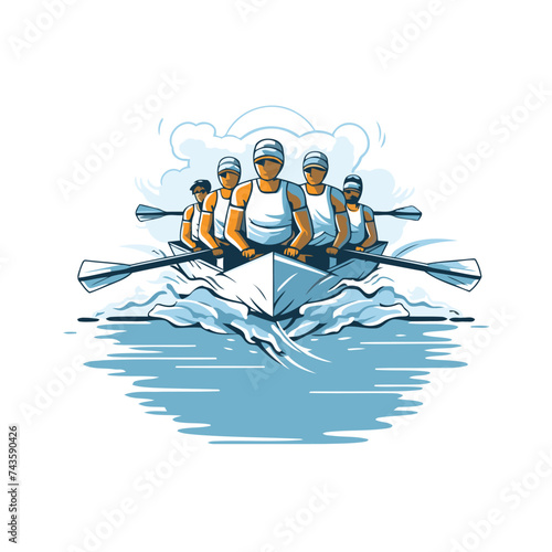 Team of men rowing in a rowboat. Vector illustration.